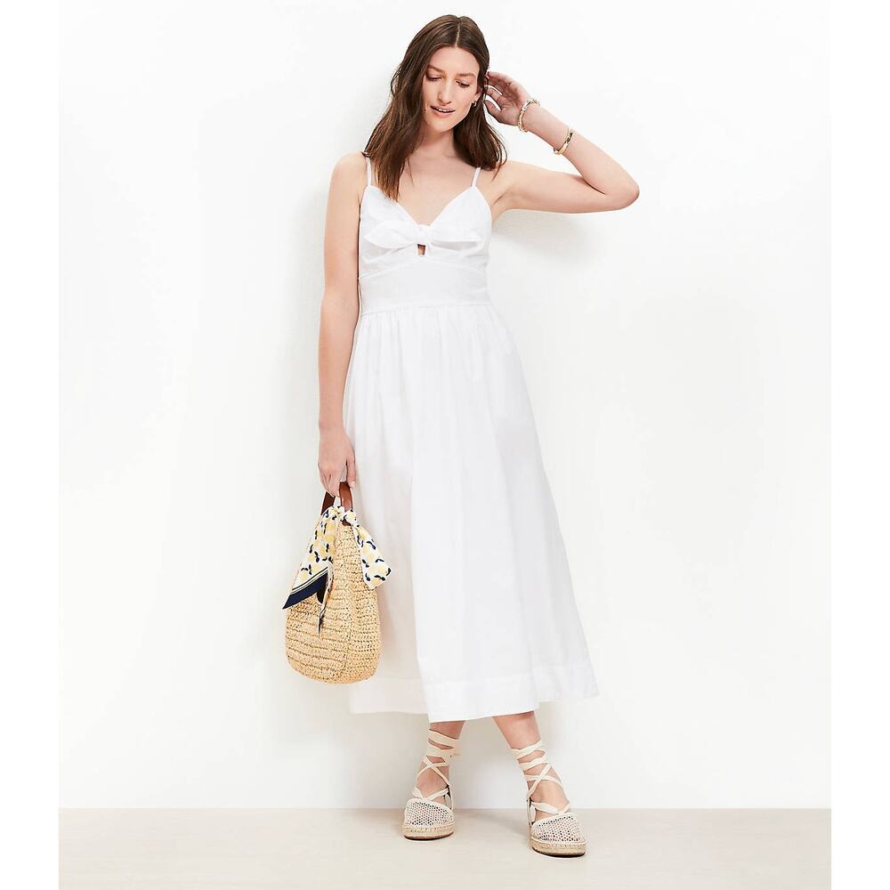 NWT Loft Poplin Tie Midi Pocket Dress Women's Size 0 White 100% Cotton Coastal - Picture 10 of 12